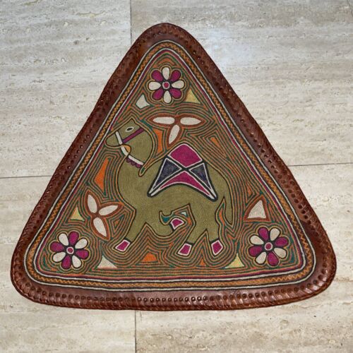 Leather Tripod Saddle Stool Cover Needlepoint Camel Floral Country Farmhouse