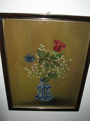 ÖLGEMÄLDE VASE M. SCHLEIERKRAUT+KORNBLUME+ROSE MARIA POKORNY NACHLASS 70er JAHRE