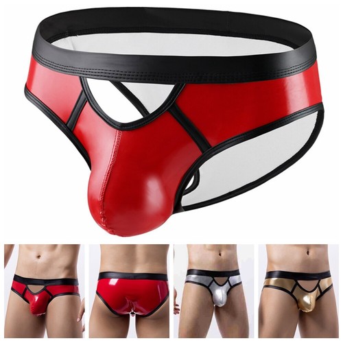 Men'S Shiny Metallic Underwear PVC Leather Thongs Bulge Pouch Panties Swimsuit - Picture 2 of 47