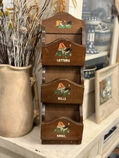 Vintage Wood Mail Bill Organizer Mushroom Themed Key Holder