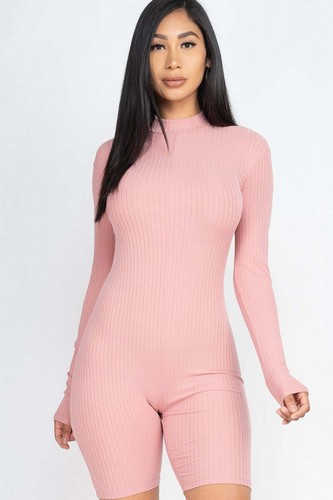 Women Bodycon Mock Neck Ribbed Romper Long Sleeve Back Zipper Jumpsuit Bodysuit - Picture 6 of 18
