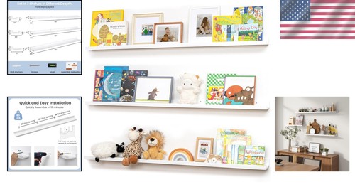 Rustic Solid Pine Wood Shelves - 3-Pack Nursery Wall Storage Solutions - Picture 2 of 10