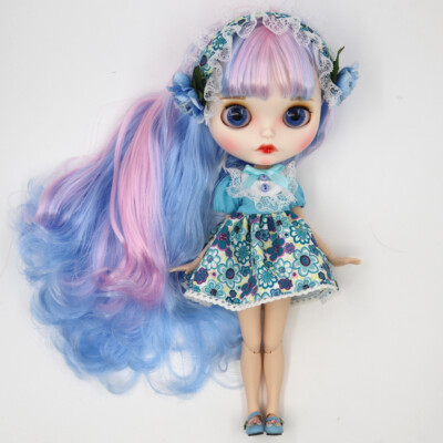 12''Blythe doll Nude Joint Body blue mix pink Hair Matte face carved lips eyelash