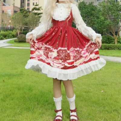 Strappy Lolita Dress Girls Women Ruffle Retro Cosplay Lace Flounce Sleeveless