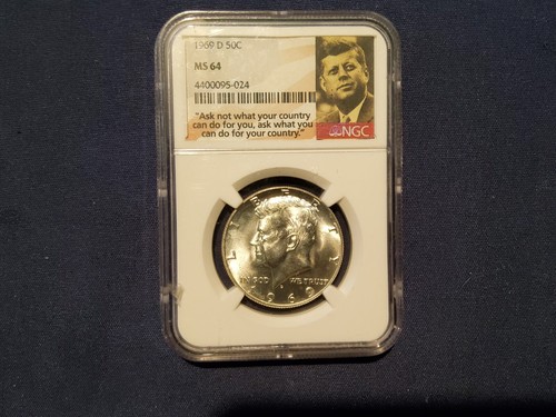 1969 D 50C Kennedy Half Dollar NGC MS 64 Portrait " Ask Not What Your Country "