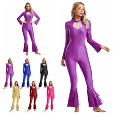 Womens Dancewear Yoga Bodysuit Competition Bell-Bottom Jumpsuit Bodycon Jazz