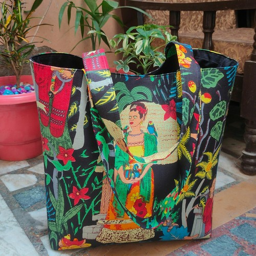 Borsa tote da donna indiana in cotone Frida Khalo Borsa nera Borsa da  yoga | eBay