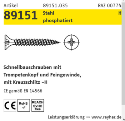 Reyher Schnellbauschrauben phos. FG PH 3,9x55 mm 500 ST