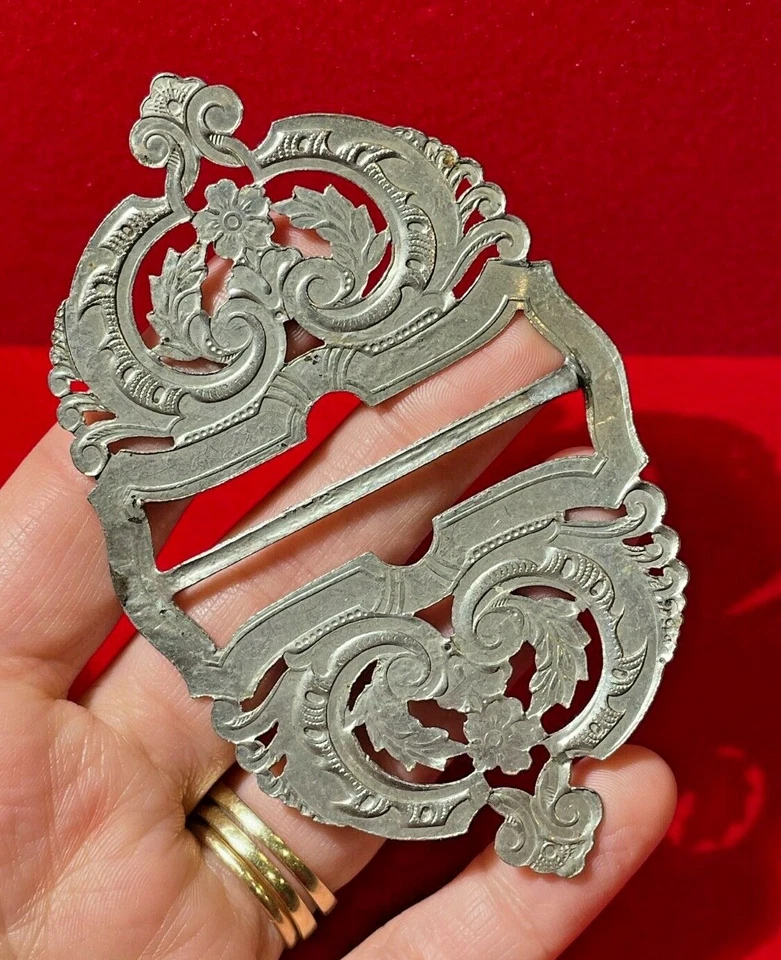 Vintage Argent Plaqué Orné Défiler Fleur Victorien Infirmière Boucle Ceinture CL - Photo 4/4
