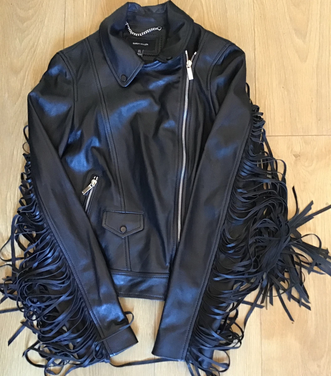 Karen Millen Size 6 Black Leather Biker Style Jacket With Fringe