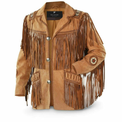 Men's Traditional Western Cowboy Leather Jacket coat with fringe bones and beads