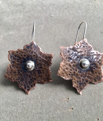 Lotus Flower Earrings in Copper and Sterling Silver-LARGE-Artisan made