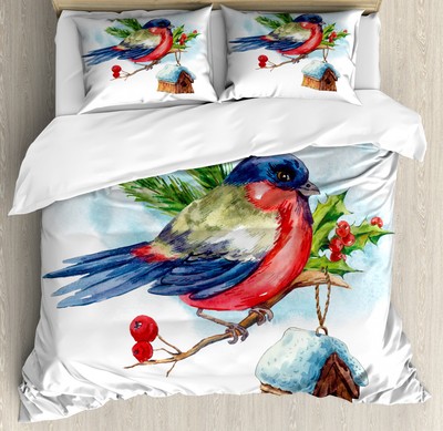 Rowan Duvet Cover Set with Pillow Shams Christmas Bird Holly Pine Print