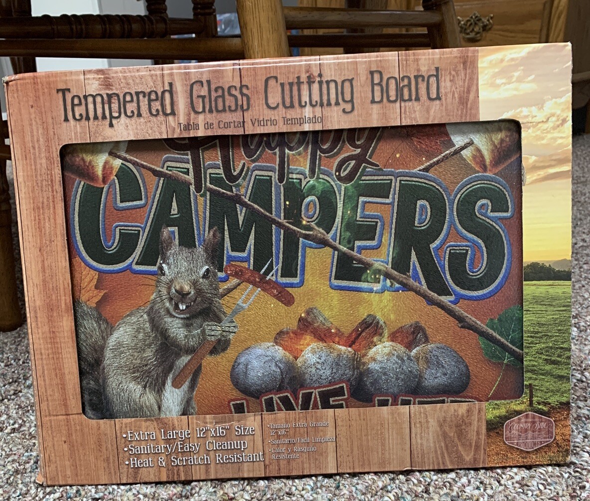 Cutting Board Glass HAPPY CAMPERS LIVE HERE 12x16