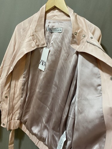 NWT ZARA Women Collared Elastic Cuff/Hem Full Zip Sateen Bomber Jacket SZ S Pink - Picture 11 of 16