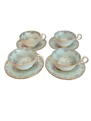 Aynsley Queen s Garden Tea Cups & Saucers Set 4 Bone China England Gold Trim