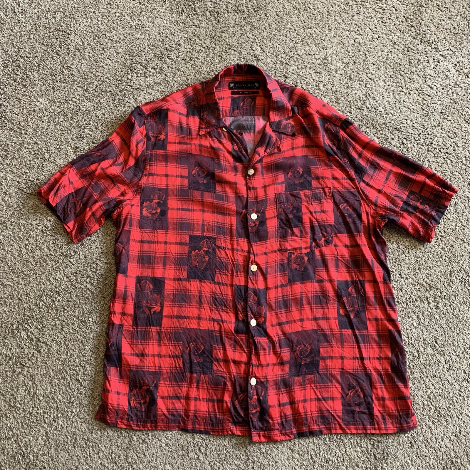 AllSaints Shirt Mens Large Red Black Plaid Rose Print Short Sleeve Button