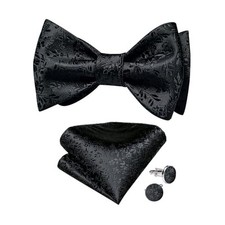 Mens Silk Self Bow Ties,Woven Solid Striped Paisley Bowtie and Pocket 03 Black