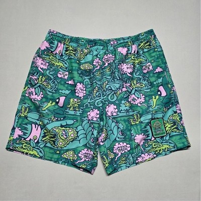 Killer Acid Men Psychedelic Monster Print Swim Trunks Green Pink Large Linerless