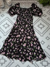pretty pink black floral shirred summer dress 8 10 stretchy cool viscose bnwot