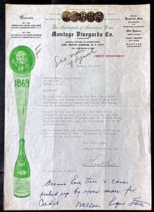 NEW YORK ~MONTAGE VINEYARDS Co., Imperial Seal Champagne ~ Illus Letterhead 1935