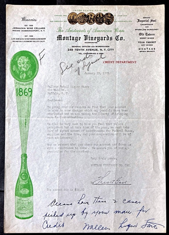 NEW YORK ~MONTAGE VINEYARDS Co., Imperial Seal Champagne ~ Illus Letterhead 1935
