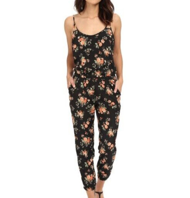 JACK Black Floral Satin Cami Jumpsuit Medium M Jogger Pant Boho Women's Romper
