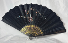 Vtg Black Satin Folding Fan Hand Painted Pink White Blue Flowers Black Wood