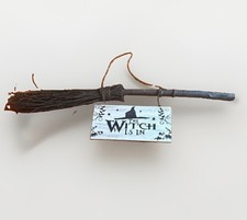 Rustic Halloween Hanging Wooden Twig 40" Witch Broom With "The Witch Is In" Sign