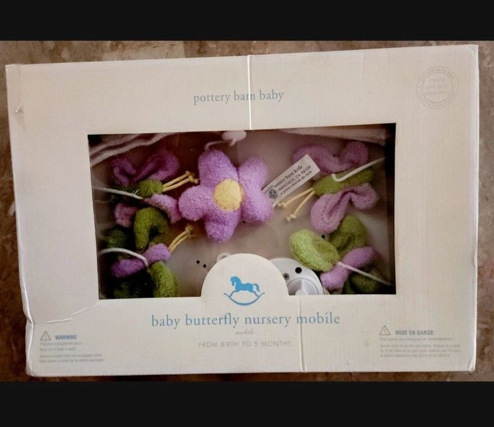 New Pottery Barn Crib Mobile Butterflies & Flower, Purple, Green, Yellow + Music - Image 2 of 4