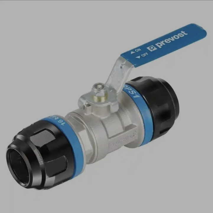 Prevost Manual Lever Handle Ball Valve, Blue Handle, Black End Fittings