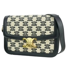 Auth CELINE Classic shoulder bag TRIOMPHE Canvas Leather Beige Black GHW Women