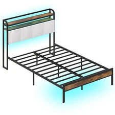 Full Size Bed Frame w/LED Light & Charging Station Heavy Duty Metal Platform Bed