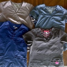 LOT Of 4 Scrub Tops Blue Gray XS S Betsey Koi Greys