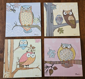 Set of 4 Paul Brent Owl Prints, Woodland Nursery Wall Decor, 8" X 8" Each