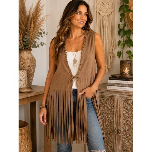 Brown Faux Suede Fringe Vest Tie Front Western Boho Festival Size Small