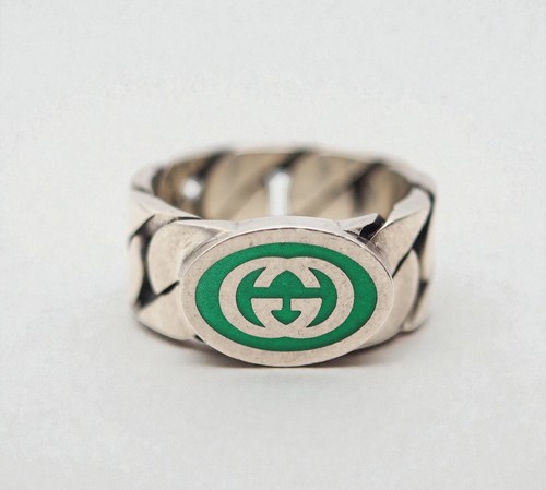 NWB Gucci Interlocking G Green Enamel Sterling Silver Ring Size IT17 US8