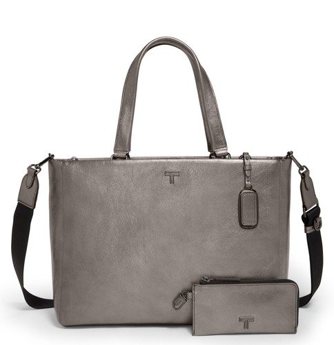 NEW Tumi Voyageur VAIL Medium Tote 100% Leather Crossbody Bag PEWTER METALLIC ❗️ - Picture 4 of 6