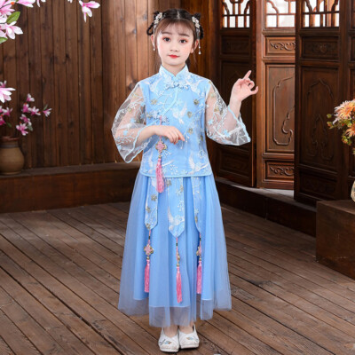 Girl Chinese Embroidered Tang Suit Tops and Skirt Mesh Sleeve