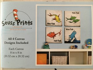 New Dr Seuss One Fish Two Fish Red Blue Wall Art Canvas Set Of 4 Decor Nursery Ebay