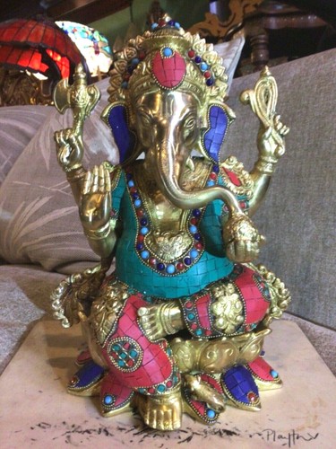 Ganesh grande statua ottone pietre intarsiate scultura tempio divinità orientale 31 cm 8 kg - Foto 2 di 12
