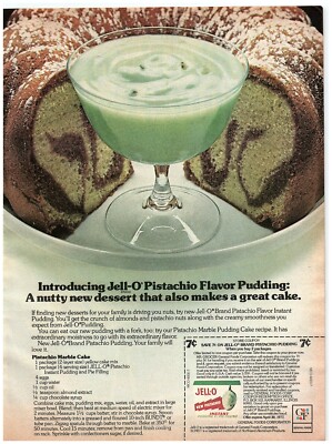 1976 Jell-O Pudding Print Ad, Pistachio Flavor Marble Cake Recipe Coupon Dessert