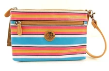 Giani Bernini Wristlet Clutch Handbag Blue Pink Stripe Coated Canvas Top-Zip NWT