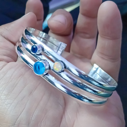 Bracelet En Argent 925 Avec Opale De Feu Et Saphir - Modèle GemsPorium - Longueur 17.8 Cm Réglable