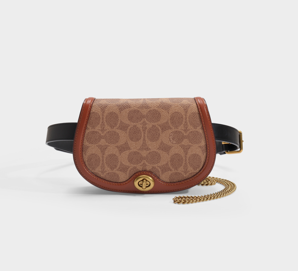 COACH Signature Saddle Belt Bag Chain Crossbody Bag Tan/Rust/Brass