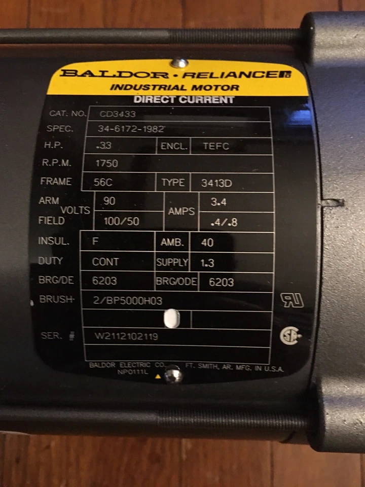 Baldor CD3433  DC Motor 1/3HP 1750 RPM 90V Frame 56C TEFC - Image 2 of 3