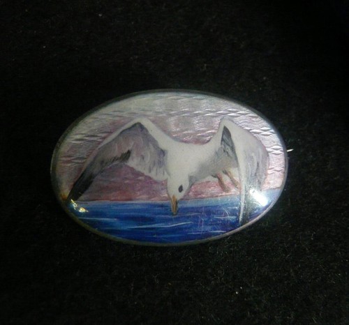 Marius Hammer Norway brooch superb vintage 930 silver guilloche enamel seagull - Picture 5 of 7