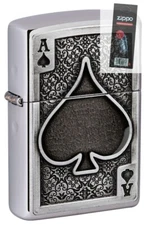 Zippo 49637 Ace Of Spades Emblem Brushed Chrome Lighter + FLINT PACK