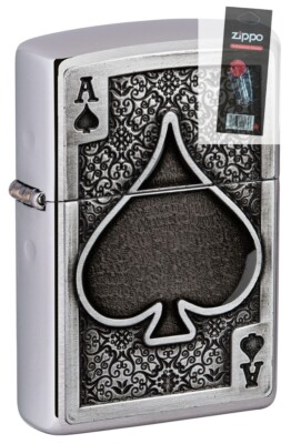 Zippo 49637 Ace Of Spades Emblem Brushed Chrome Lighter + FLINT
