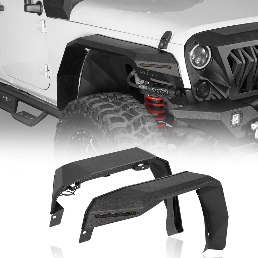 Pair Flat Steel Front Fender Flares w/ LED Lights for Jeep